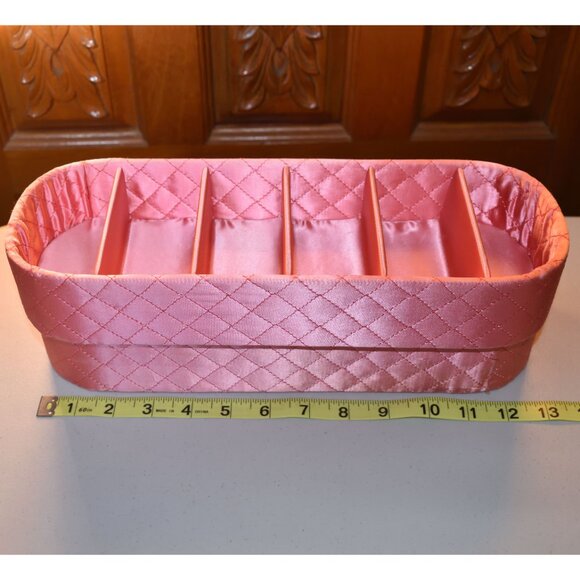 SOLD • Vtg Pair (2) Pink Quilted Satin Divided Vanity Boxes 13" MCM Jewelry - Picture 10 of 11